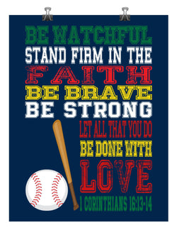 Baseball Sports Christian Nursery Unframed Print Be Watchful Stand firm in Faith 1 Corinthians 16:13-14