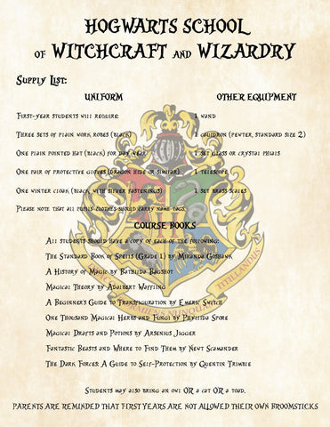 Wizard First Year Supply List for Hogwarts School of Witchcraft and Wizardry A Perfect Add on to Acceptance Letter