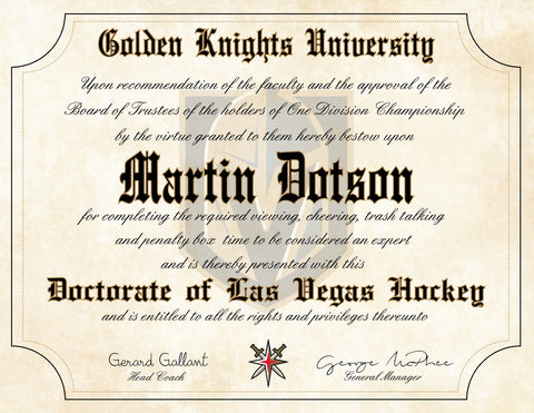 Vegas Golden Knights Ultimate Hockey Fan Personalized Diploma - 8.5"x11"