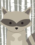 Woodland Animals with Birch Tree Background Nursery Art Set of 4 Prints - Bear, Raccoon, Squirrel and Fox