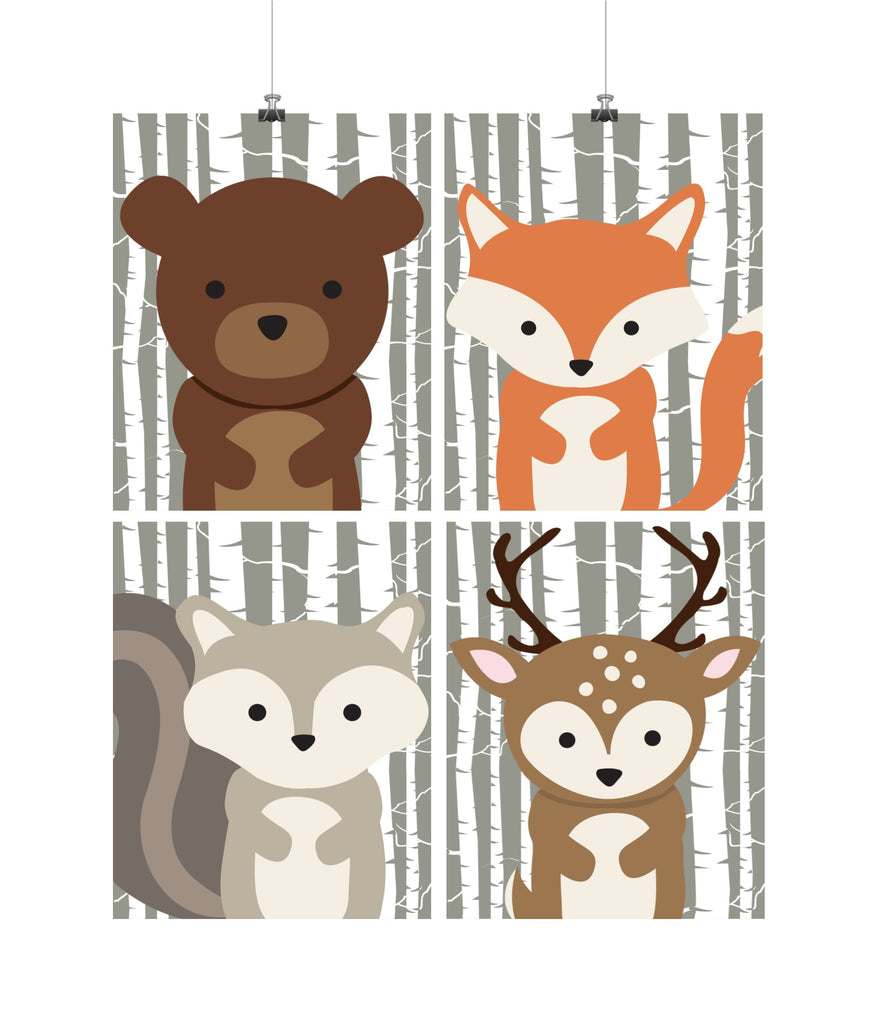 Woodland Animals with Birch Tree Background Nursery Art Set of 4 Prints Bear Squirrel Deer and Fox
