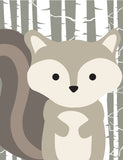 Woodland Animals with Birch Tree Background Nursery Art Set of 4 Prints - Bear, Raccoon, Squirrel and Fox