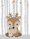 Woodland Animals and Babies Birch Tree Background Nursery Art Set of 4 Prints - Bear, Raccoon, Deer and Fox