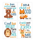 Woodland Christian Bible Verses Quotes Nursery Kids Room Unframed Hanging Wall Art Set of 4 Prints Home Decor - Deer, Bear, Fox and Hedgehog
