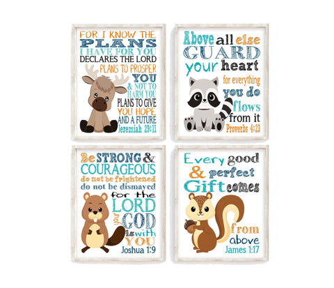 Woodland Christian Bible Verses Quotes Nursery Kids Room Unframed Wall Art Set of 4 Prints Home Decor - Moose, Raccoon, Beaver and Squirrel
