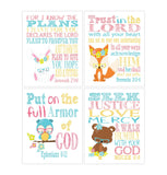 Woodland Christian Bible Verses Quotes Nursery Kids Room Unframed Hanging Wall Art Set of 4 Prints Home Decor - Rabbit, Fox, Owl and Bear