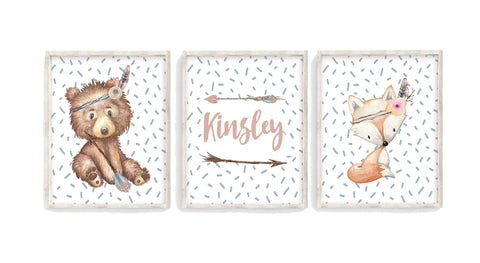 Watercolor Woodland Forest Tribal Animal Nursery Personalized Set of 3 Unframed Prints with Fox and Bear