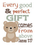 Bear Woodland Animal Christian Nursery Decor Unframed Print Every Good and Perfect Gift Comes From Above - James 1:17
