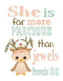 Boho Tibal Woodland Christian Nursery Decor Set of 4 Unframed Prints - Owl, Deer, Rabbit, Squirrel with Bible Verses