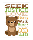 Bear Woodland Animal Christian Nursery Decor Unframed Print - Seek Justice Love Mercy Walk Humbly With Your God - Micah 6:8