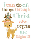 Boho Tibal Woodland Christian Nursery Decor Set of 4 Unframed Prints - Owl, Deer, Rabbit, Squirrel with Bible Verses