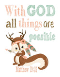 Boho Tibal Woodland Christian Nursery Decor Set of 4 Unframed Prints - Owl, Deer, Rabbit, Squirrel with Bible Verses