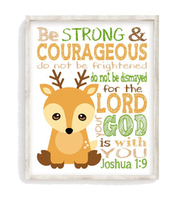 Deer Woodland Animal Christian Nursery Decor Unframed Print- Be Strong and Courageous Joshua 1:9