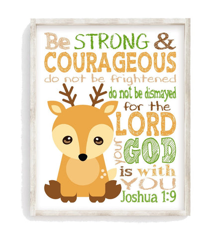 Deer Woodland Animal Christian Nursery Decor Unframed Print- Be Strong and Courageous Joshua 1:9