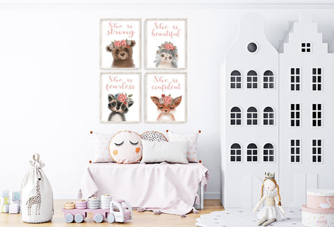 Watercolor Woodland Bear Fox Hedgehog and Raccoon Encouraging Quotes Nursery Set of 4 Unframed Prints