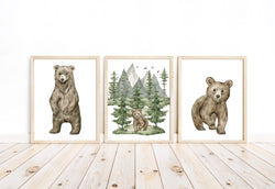 Baby Bear Cub Woodland Forest Animals Wilderness Watercolor Nursery Decor Set of 3 Unframed Prints