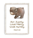 Watercolor Bear Woodland Animal Christian Nursery Unframed Print Act Justly, Love Mercy, Walk Humbly - Micah 6:8