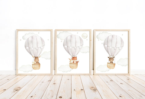Woodland Animals Watercolor Hot Air Balloon Gender Neutral Nursery Set of 3 Unframed Prints Fox Deer Moose Bunny Mouse