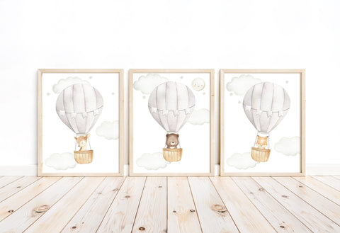 Woodland Animals Watercolor Hot Air Balloon Gender Neutral Nursery Set of 3 Unframed Prints Fox Bear Deer