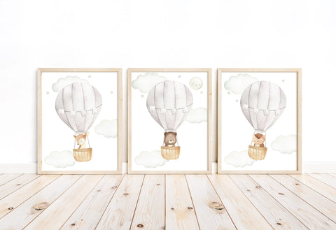 Woodland Animals Watercolor Hot Air Balloon Gender Neutral Nursery Set of 3 Unframed Prints Deer Bear Owl