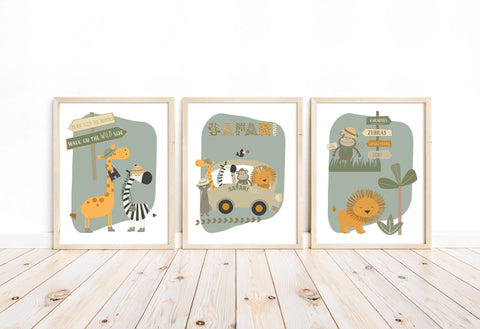 Safari Boho Animals Nursery Decor Set of 3 Unframed Prints Monkey, Zebra, Giraffe and Lion - Gender Neutral Jungle Baby