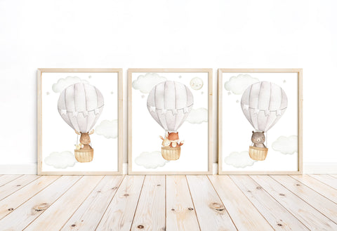 Woodland Animals Watercolor Hot Air Balloon Gender Neutral Nursery Set of 3 Unframed Prints Fox Bear Moose Bunny Mouse