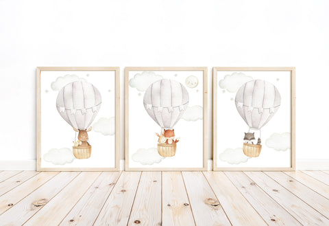 Woodland Animals Watercolor Hot Air Balloon Gender Neutral Nursery Set of 3 Unframed Prints Fox Raccoon Moose Bunny Mouse