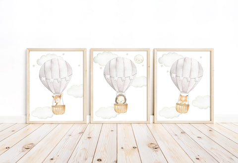 Woodland Animals Watercolor Hot Air Balloon Gender Neutral Nursery Set of 3 Unframed Prints Fox Hedgehog Deer