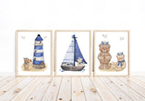 Sailor Bear Watercolor Teddy Bear Nursery Decor Set of 3 Nautical Unframed Prints Sailboat and Lighthouse