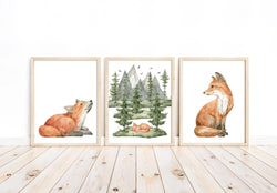 Baby Fox Woodland Forest Animals Wilderness Watercolor Nursery Decor Set of 3 Unframed Prints