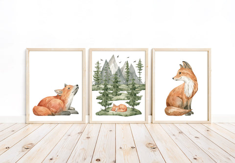 Baby Fox Woodland Forest Animals Wilderness Watercolor Nursery Decor Set of 3 Unframed Prints