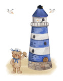 Sailor Bear Watercolor Teddy Bear Nursery Decor Set of 3 Nautical Unframed Prints Sailboat and Lighthouse