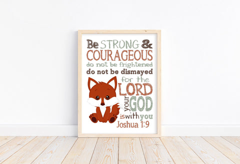 Fox Woodland Animal Christian Nursery Decor Unframed Print- Be Strong and Courageous Joshua 1:9