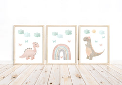 Pastel Dinosaur Boho Rainbow Butterfly Pink Aqua Baby Bedroom Nursery Childrens Art Decor Set of 3 Unframed Prints