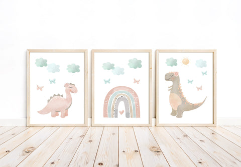 Pastel Dinosaur Boho Rainbow Butterfly Pink Aqua Baby Bedroom Nursery Childrens Art Decor Set of 3 Unframed Prints