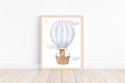 Woodland Moose in Blue Hot Air Balloon Watercolor Nursery Decor Unframed Print