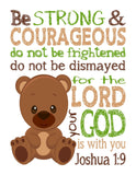 Bear Woodland Animal Christian Nursery Decor Unframed Print Be Strong and Courageous Joshua 1:9