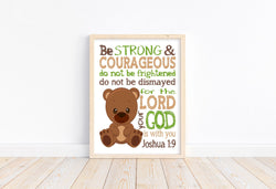 Bear Woodland Animal Christian Nursery Decor Unframed Print Be Strong and Courageous Joshua 1:9