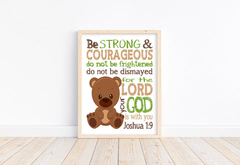 Bear Woodland Animal Christian Nursery Decor Unframed Print Be Strong and Courageous Joshua 1:9