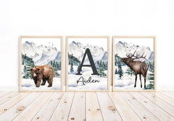 Bear and Moose Woodland Winter Forest Trees Animal Watercolor Wilderness Outdoor Themed Nursery Decor Set of 3 Unframed Prints