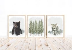Bear and Wolf Woodland Forest Trees Animal Watercolor Wilderness Outdoor Themed Nursery Decor Set of 3 Unframed Prints