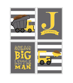 Personalized Monogram Construction Nursery Wall Art, Dump Truck, Bulldozer, Dream Big Little Man