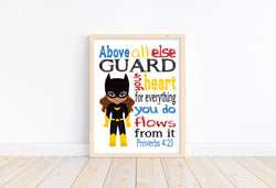 African American Batgirl Superhero Christian Nursery Decor Unframed Print Above all else Guard your Heart Proverbs 4:23