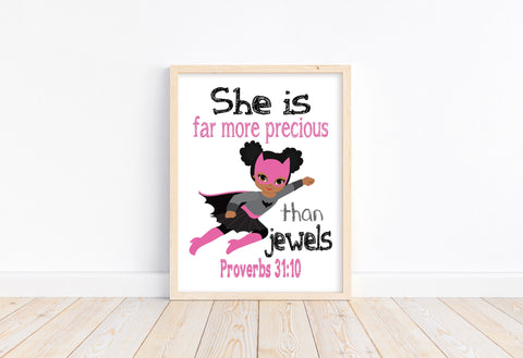 African American Batgirl Superhero Christian Nursery Decor Unframed Print She Is Far More Precious Than Jewels Proverbs 31:10