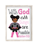 African American Batgirl Superhero Christian Nursery Decor Unframed Print With God All Things Are Possible Matthew 19:26