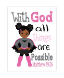 African American Batgirl Superhero Christian Nursery Decor Unframed Print With God All Things Are Possible Matthew 19:26