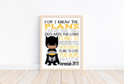 African American Batman Superhero Christian Nursery Decor Unframed Print - For I Know The Plans I Have For You - Jeremiah 29:11