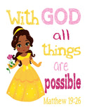 African American Princess Christian Nursery Decor Set of 4 Unframed Prints Ariel, Jasmine, Tiana and Belle
