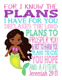 African American Princess Christian Nursery Decor Set of 4 Unframed Prints Ariel, Jasmine, Tiana and Belle