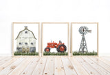 Barnyard Rustic Farm Nursery Decor Set of 3 Unframed Farmhouse Prints Watercolor Barn Red Tractor Windmill